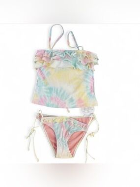 PQ Swim Girls Cotton Candy Tie Dye Ruffle Tankini Swimsuit Set Girls Size 10 NEW